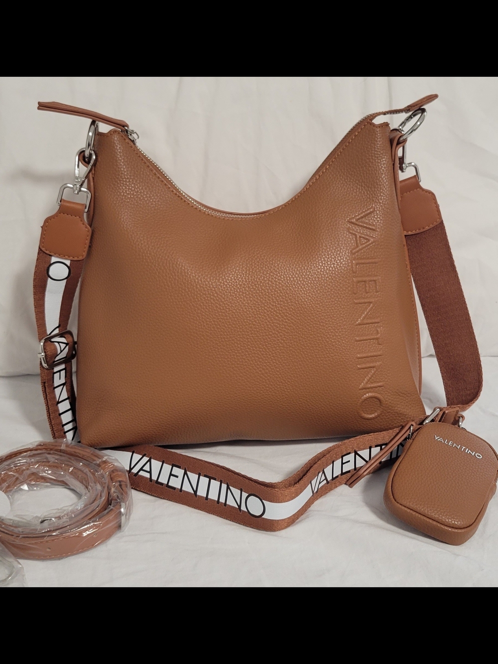 Valentino Tan Leather Shoulder Bag with Logo Strap + 2 Straps